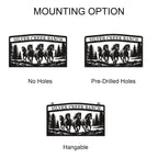 Custom running horses metal sign with pine trees and personalized ranch name for outdoor wall dec