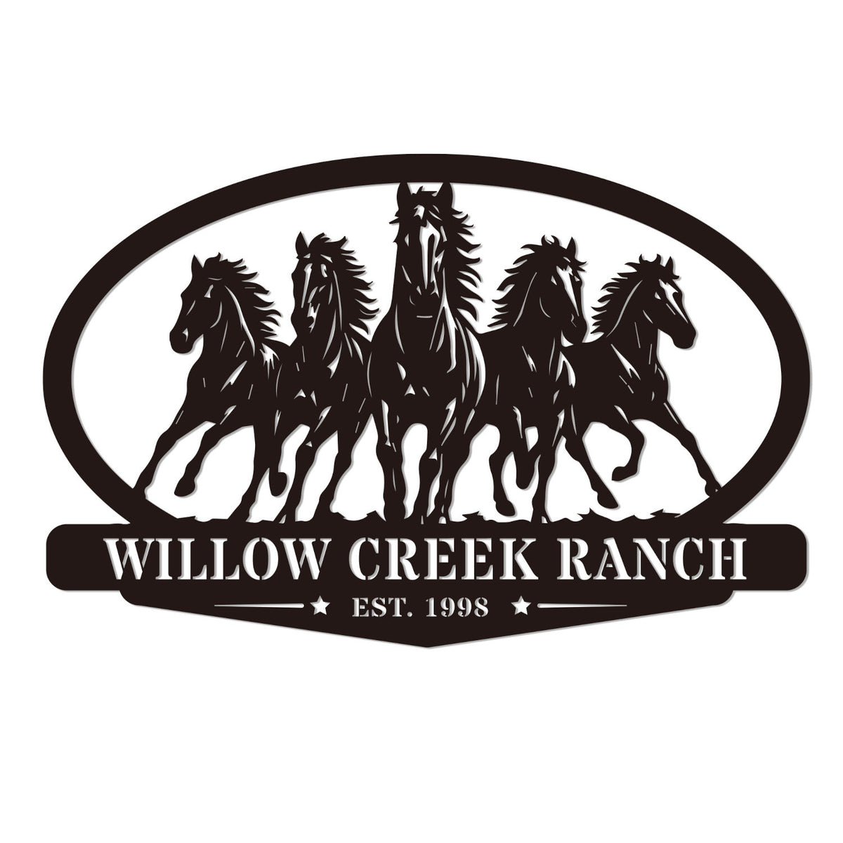 Custom oval horse ranch metal sign with personalized ranch name and established year, five running horses steel gate entrance sign Main image