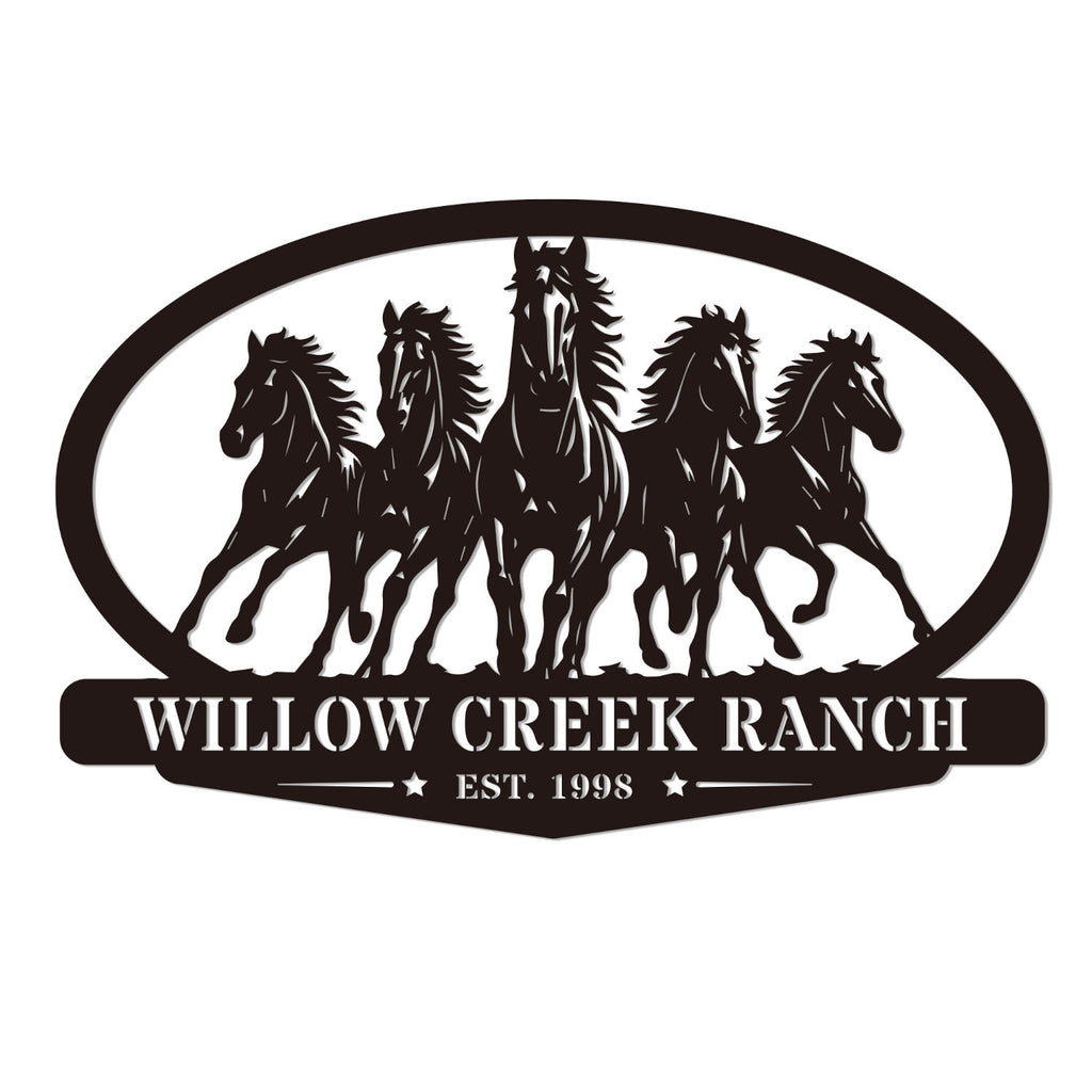 Custom oval horse ranch metal sign with personalized ranch name and established year, five running horses steel gate entrance sign
