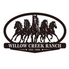 Custom oval horse ranch metal sign with personalized ranch name and established year, five running horses steel gate entrance sign