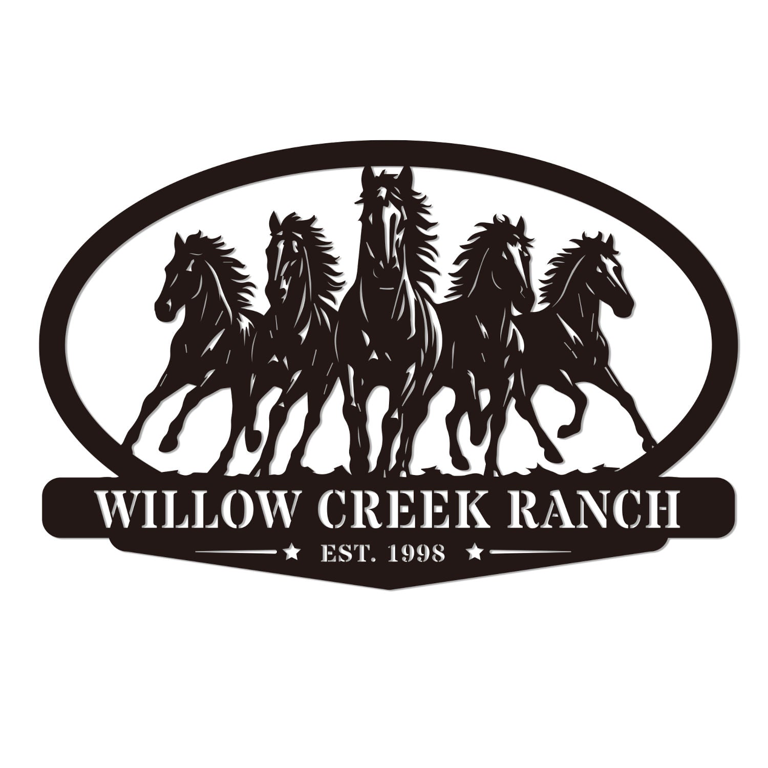 Custom oval horse ranch metal sign with personalized ranch name and established year, five running horses steel gate entrance sign