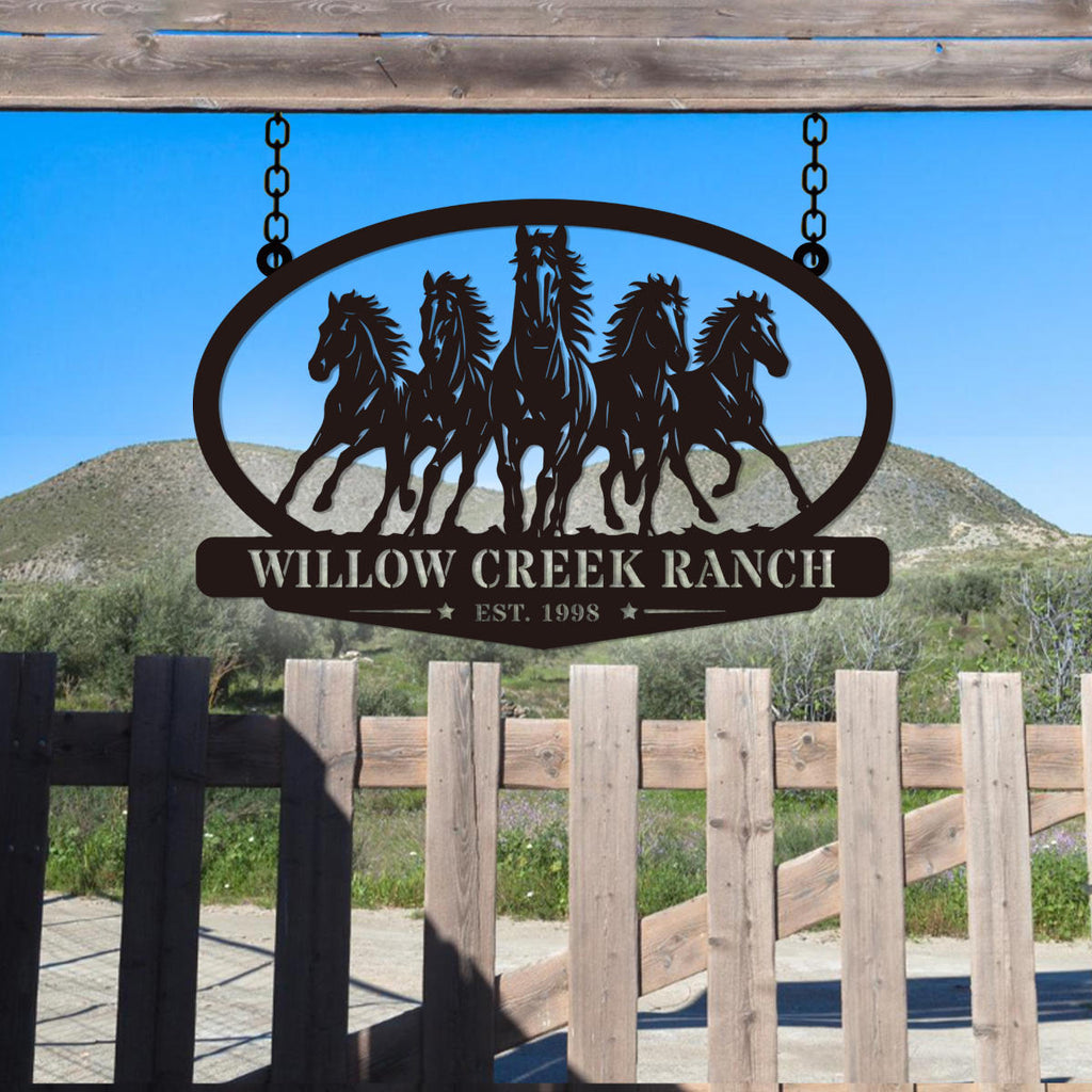 Custom oval horse ranch metal sign with personalized ranch name and established year, five running horses steel gate entrance sign