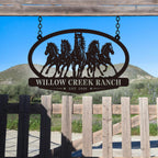 Custom oval horse ranch metal sign with personalized ranch name and established year, five running horses steel gate entrance sign