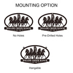 Custom oval horse ranch metal sign with personalized ranch name and established year, five running horses steel gate entrance sign