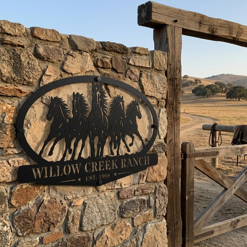 Custom oval horse ranch metal sign with personalized ranch name and established year, five running horses steel gate entrance sign