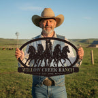 Custom oval horse ranch metal sign with personalized ranch name and established year, five running horses steel gate entrance sign