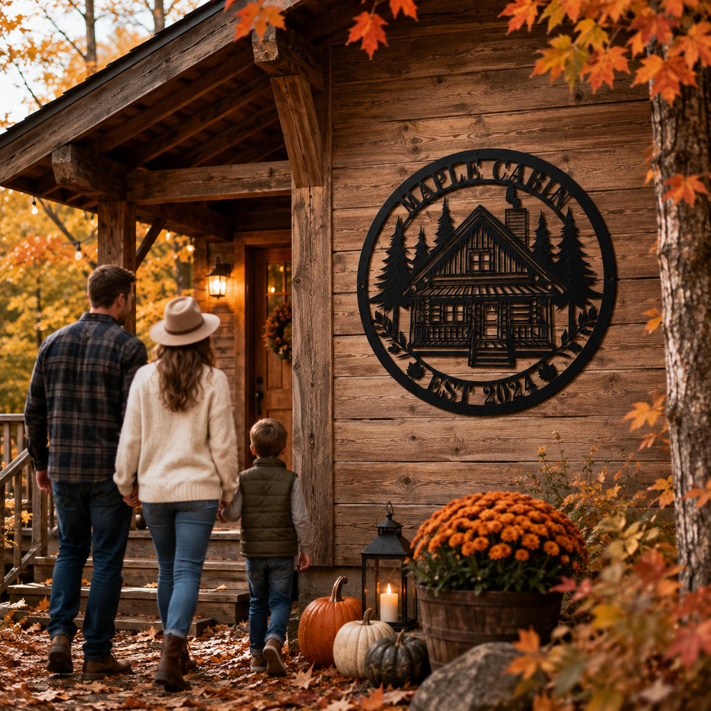 Personalized rustic cabin metal sign welcoming a family to their autumn cabin, custom steel wall decor perfect for housewarming and holiday gifts.