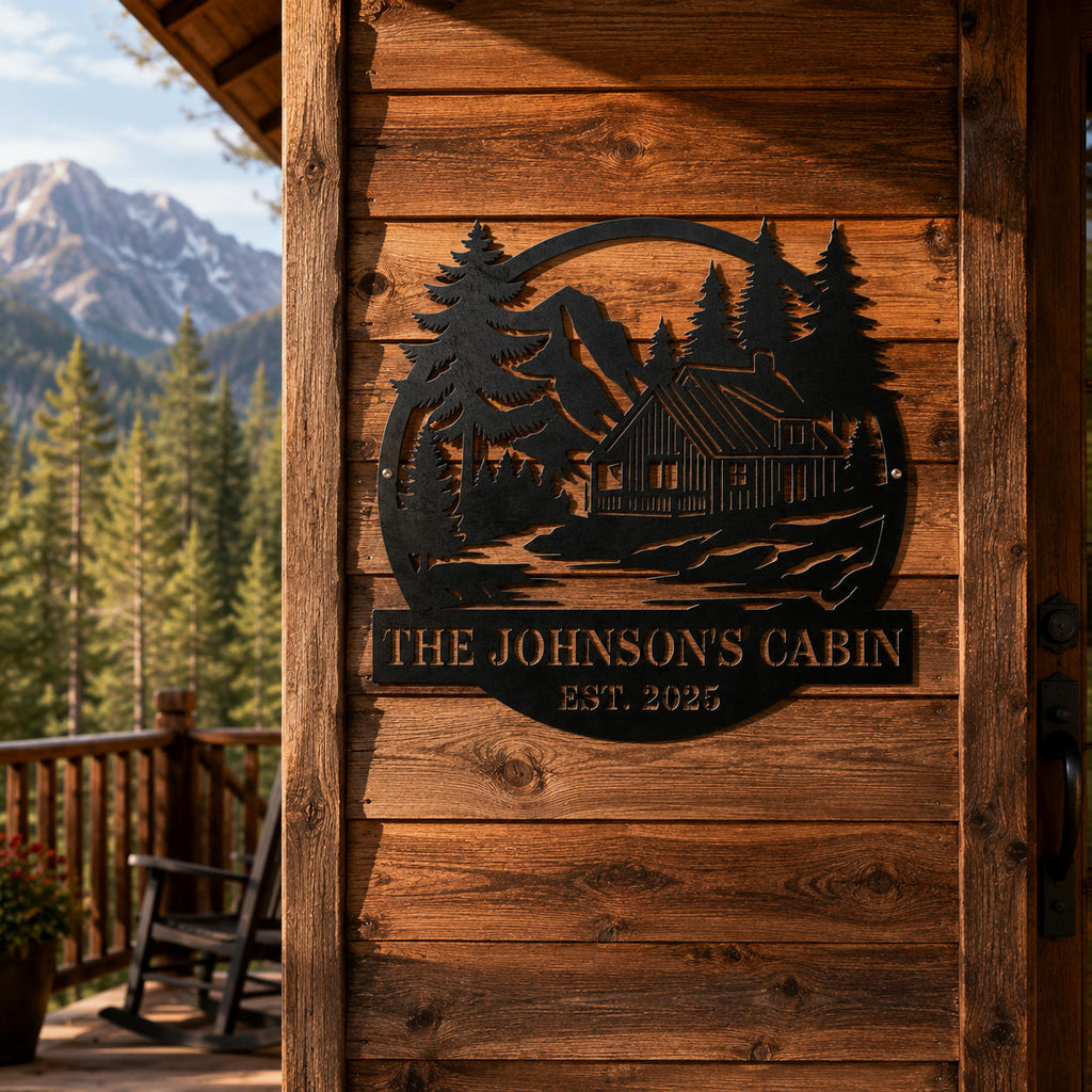 Custom metal cabin sign installed on a rustic log cabin exterior featuring personalized family name, mountain landscape, and evergreen forest design.