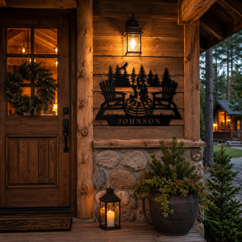 Rustic personalized metal campfire family name sign mounted beside the entrance of a cozy log cabin.