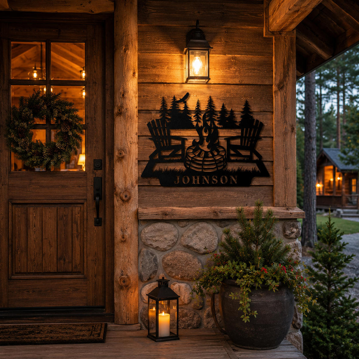 Rustic personalized metal campfire family name sign mounted beside the entrance of a cozy log cabin.
