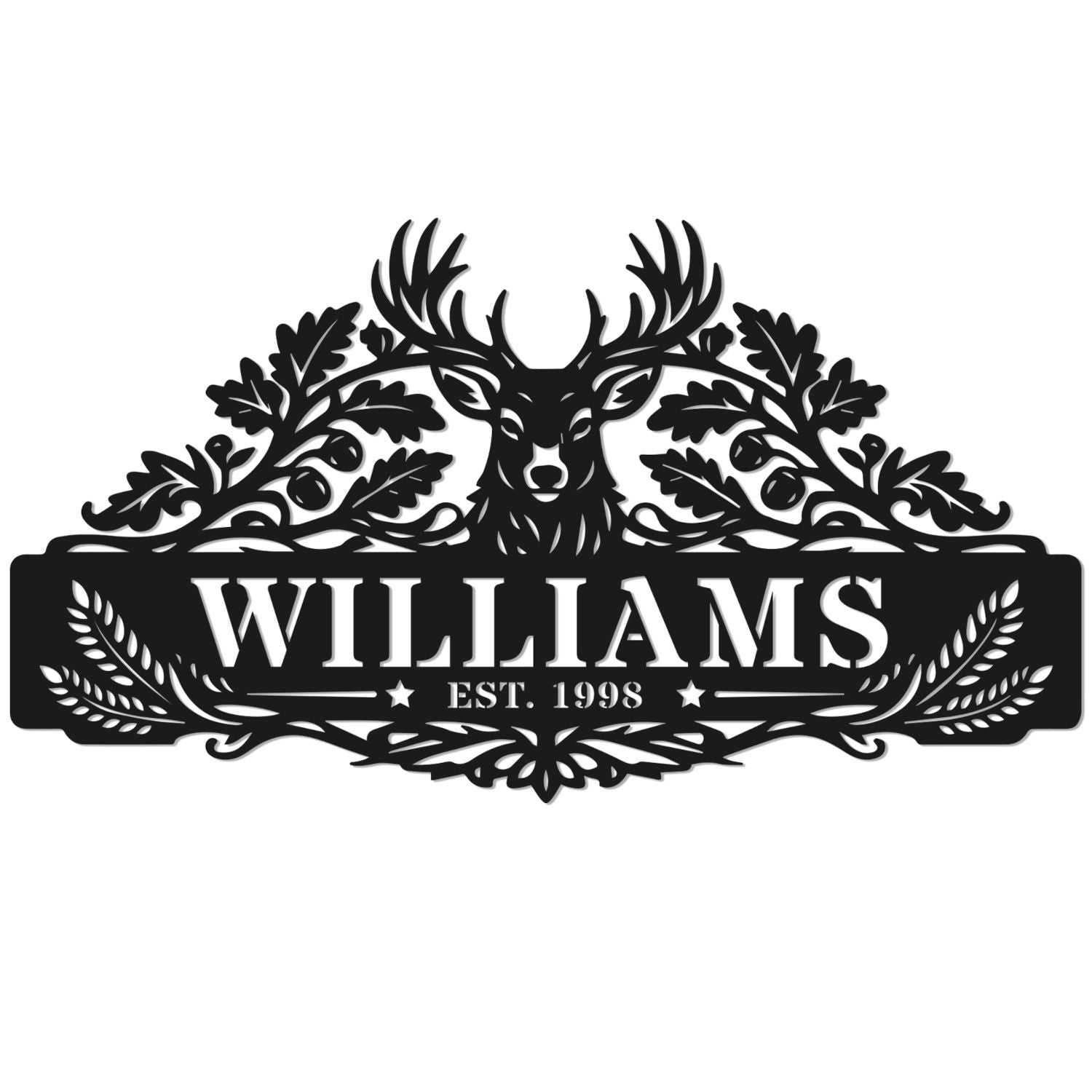 Custom deer family metal sign with oak leaves, acorns, personalized name and established year, rustic powder coated steel wall plaque for cabin or ranch entrance.