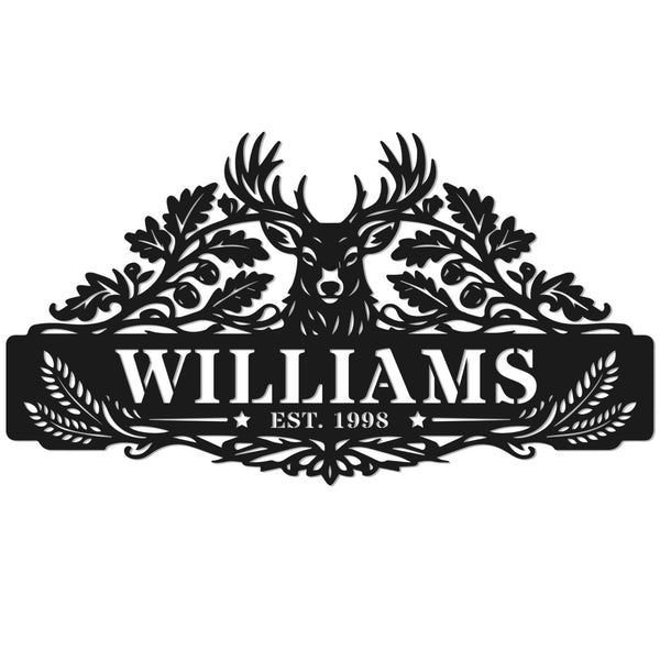 Custom deer family metal sign with oak leaves, acorns, personalized name and established year, rustic powder coated steel wall plaque for cabin or ranch entrance.