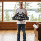 Custom deer family metal sign with oak leaves, acorns, personalized name and established year, rustic powder coated steel wall plaque for cabin or ranch entrance.