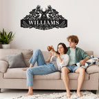 Custom deer family metal sign with oak leaves, acorns, personalized name and established year, rustic powder coated steel wall plaque for cabin or ranch entrance.