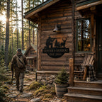 Rustic hunting cabin featuring a personalized metal retreat sign surrounded by pine forest and outdoor scenery