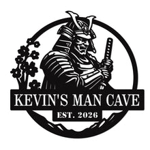 Personalized samurai man cave metal sign with custom name and EST year, laser cut steel wall art for garage or home bar decor