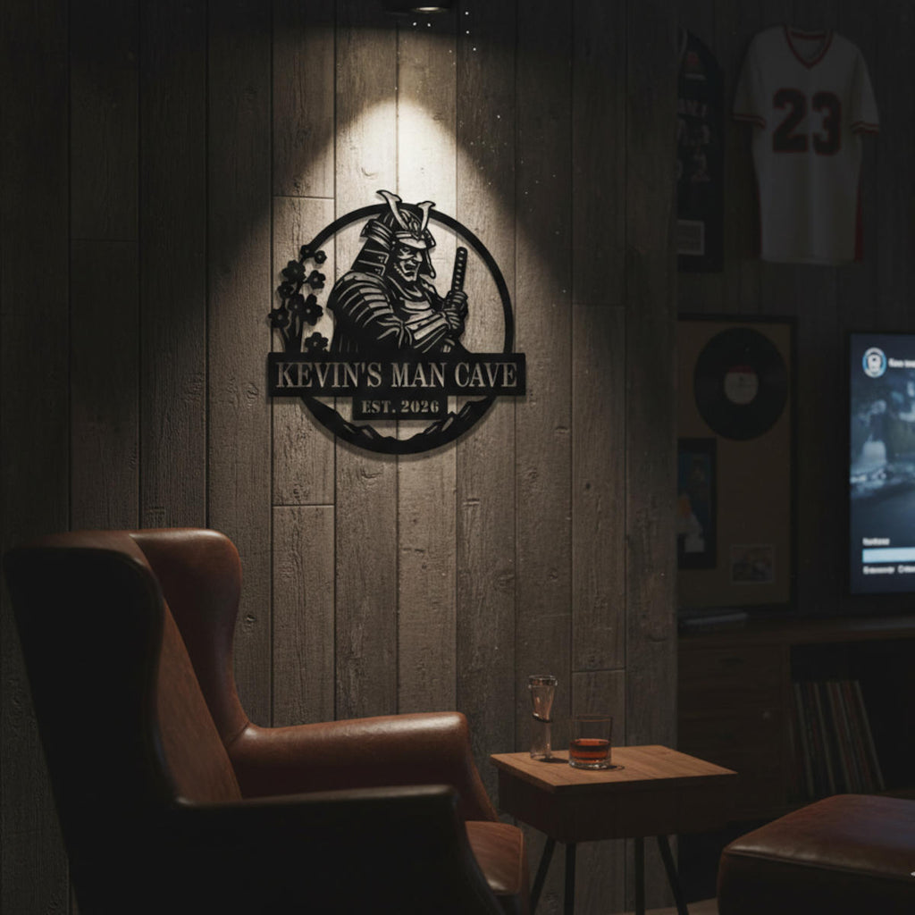 Personalized samurai man cave metal sign with custom name and EST year, laser cut steel wall art for garage or home bar decor
