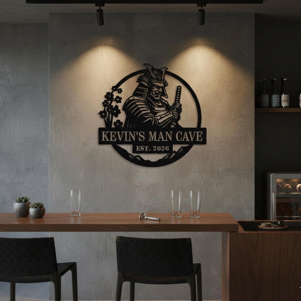 Personalized samurai man cave metal sign with custom name and EST year, laser cut steel wall art for garage or home bar decor