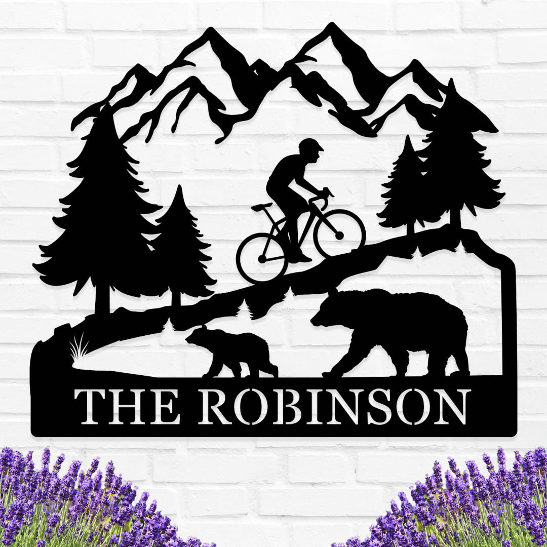 Custom bicycle metal sign with mountain and bear design, personalized family name cycling wall art, laser cut steel décor for rustic home or outdoor cabin. Main image