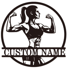 Custom strong woman metal sign with flexing female silhouette and personalized name for gym and fitness wall décor