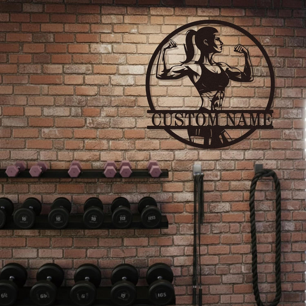Custom strong woman metal sign with flexing female silhouette and personalized name for gym and fitness wall décor