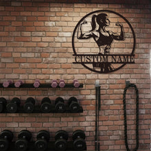 Custom strong woman metal sign with flexing female silhouette and personalized name for gym and fitness wall décor