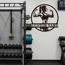 Custom strong woman metal sign with flexing female silhouette and personalized name for gym and fitness wall décor