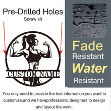 Custom strong woman metal sign with flexing female silhouette and personalized name for gym and fitness wall décor