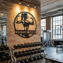 Custom strong woman metal sign with flexing female silhouette and personalized name for gym and fitness wall décor