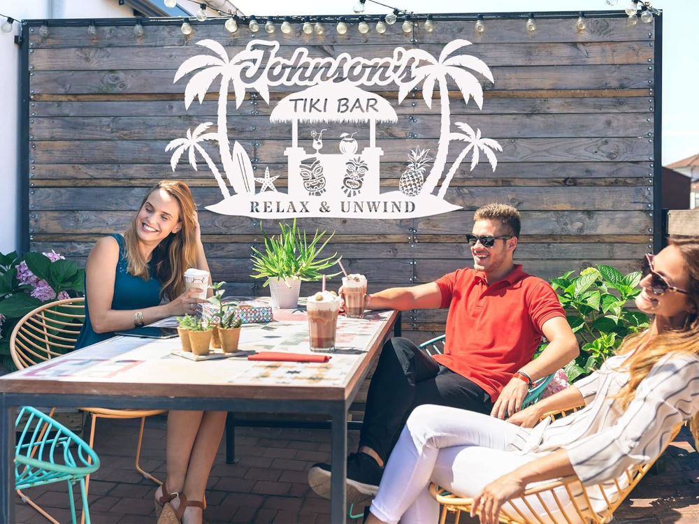 custom tiki bar metal sign with palm trees surfboards tiki hut and personalized bar name for backyard bar decor