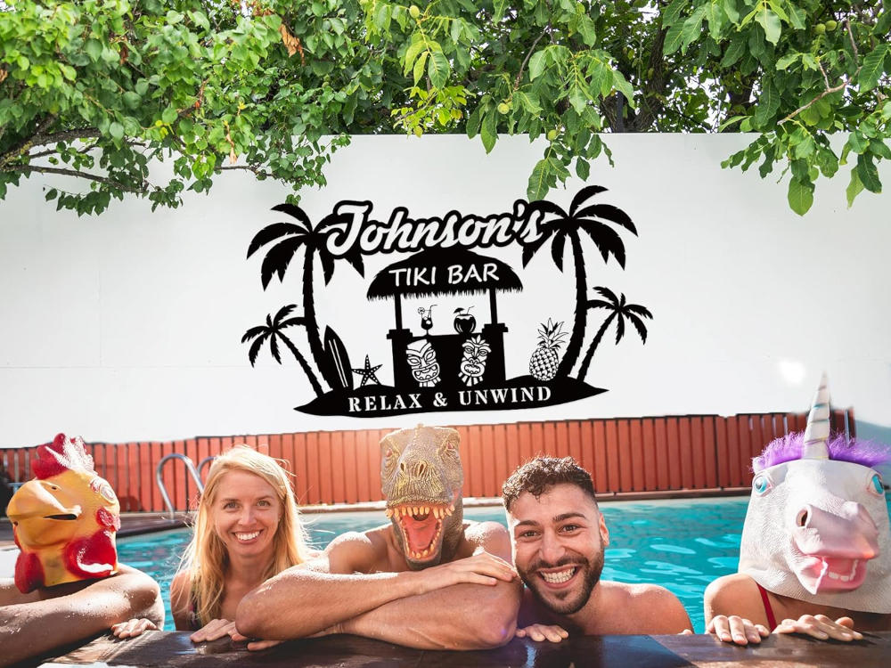 custom tiki bar metal sign with palm trees surfboards tiki hut and personalized bar name for backyard bar decor