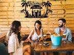 custom tiki bar metal sign with palm trees surfboards tiki hut and personalized bar name for backyard bar decor