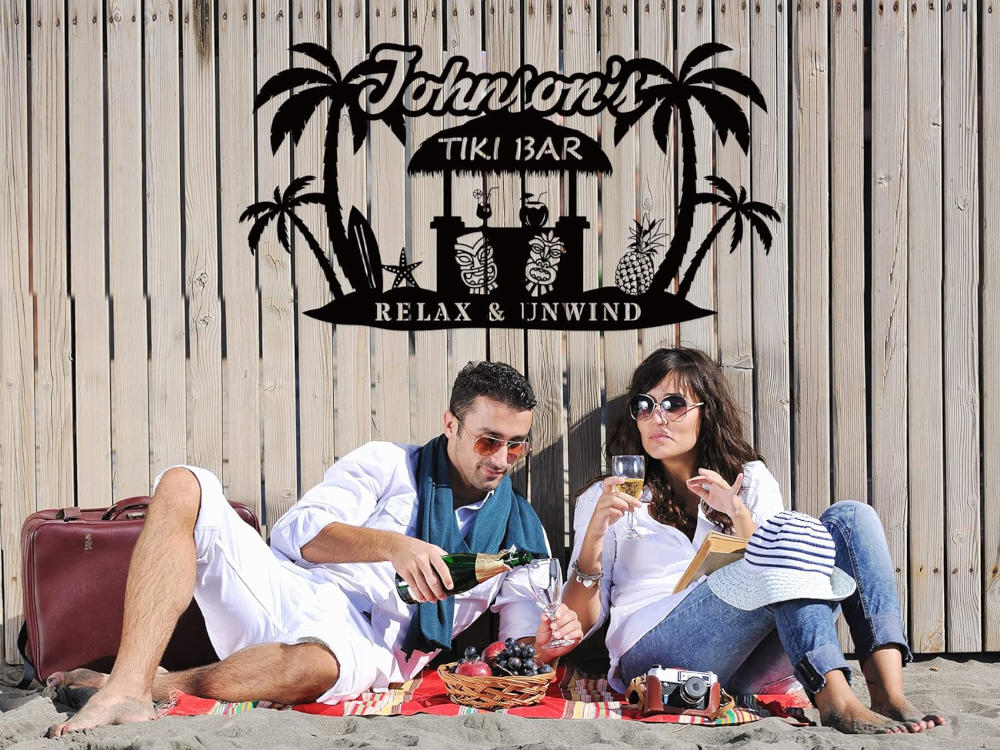 custom tiki bar metal sign with palm trees surfboards tiki hut and personalized bar name for backyard bar decor