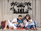 custom tiki bar metal sign with palm trees surfboards tiki hut and personalized bar name for backyard bar decor