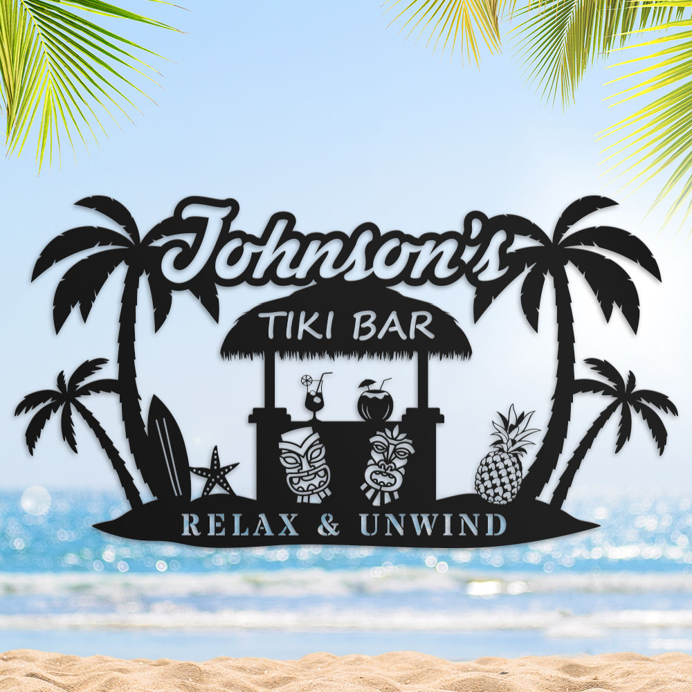 custom tiki bar metal sign with palm trees surfboards tiki hut and personalized bar name for backyard bar decor