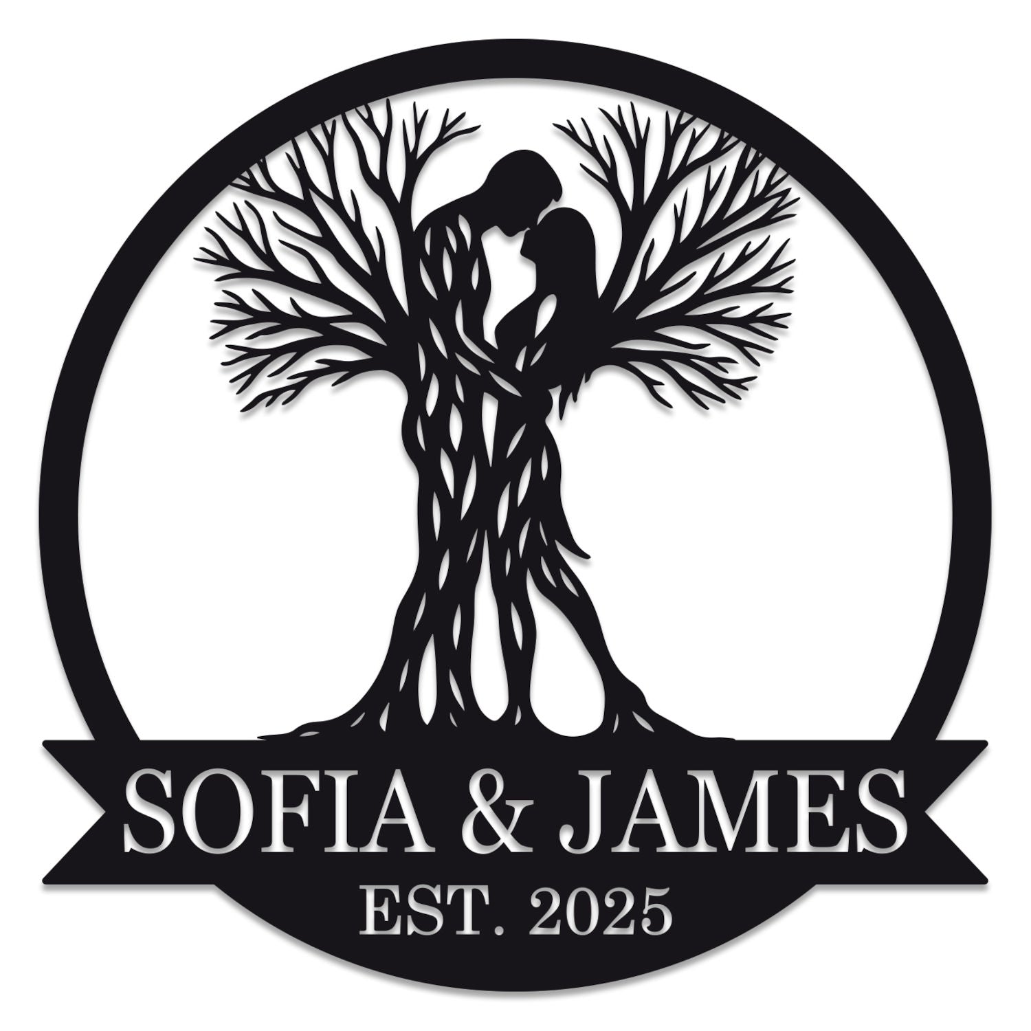 Custom Tree Couple Metal Sign featuring intertwined lovers as tree trunks, personalized with names and date, laser-cut from premium steel with powder-coated finish. Main image