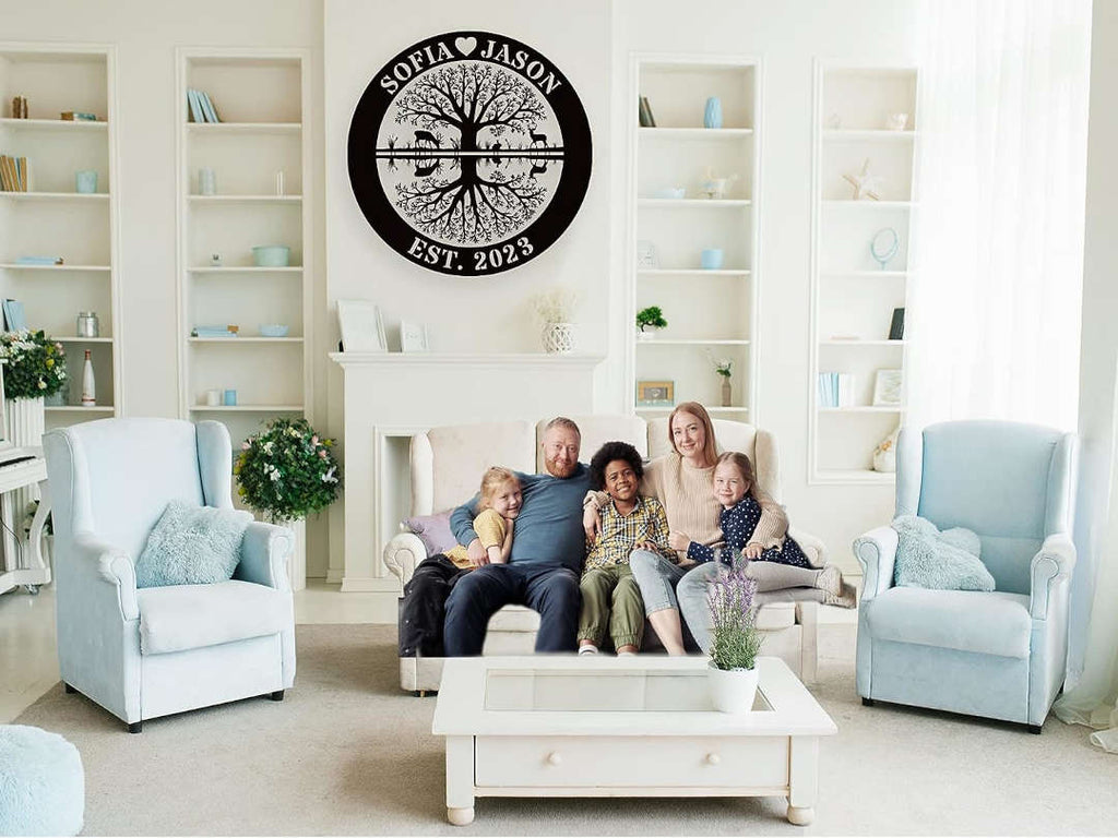 Custom tree of life reflection metal sign with names and EST year, featuring swing and deer, laser-cut from steel with powder coating for personalized wall décor