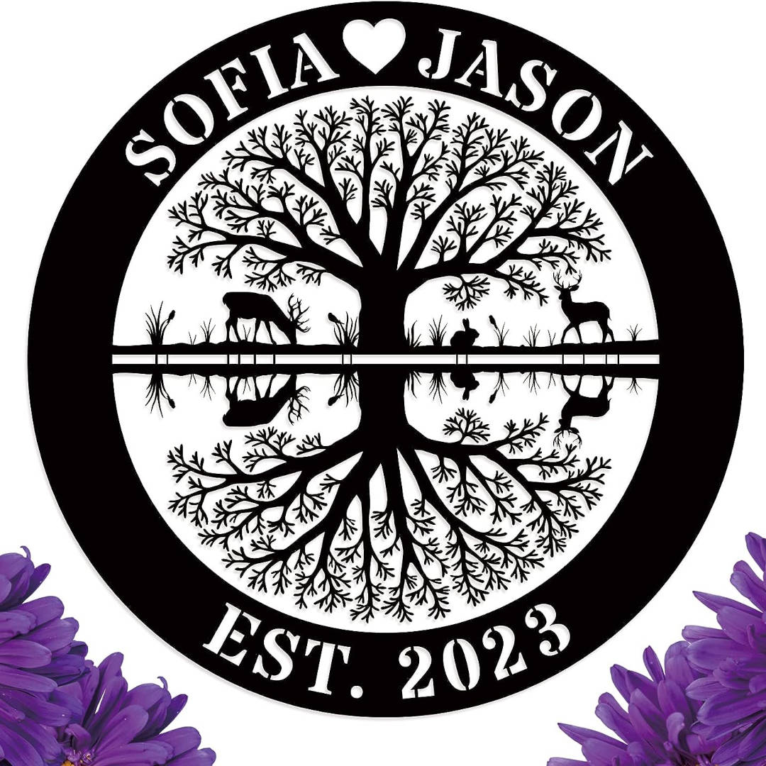 Custom tree of life reflection metal sign with names and EST year, featuring swing and deer, laser-cut from steel with powder coating for personalized wall décor Main image