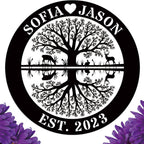 Custom tree of life reflection metal sign with names and EST year, featuring swing and deer, laser-cut from steel with powder coating for personalized wall décor