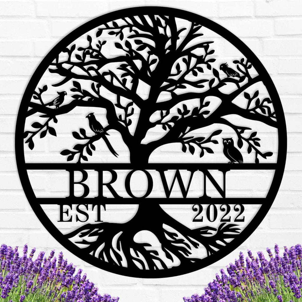 Custom metal family tree sign with birds, personalized with name and date