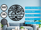 Custom metal family tree sign with birds, personalized with name and date
