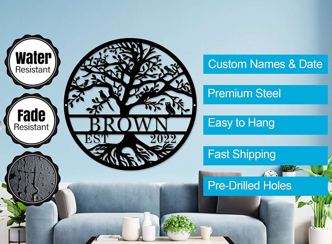 Custom metal family tree sign with birds, personalized with name and date
