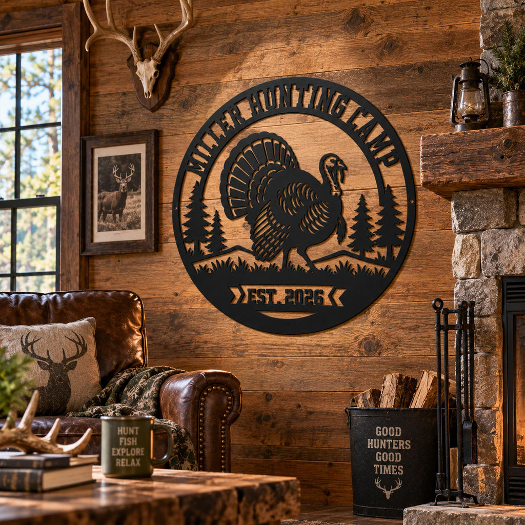 Black turkey hunting camp metal wall sign decorating a rustic hunting lodge interior.