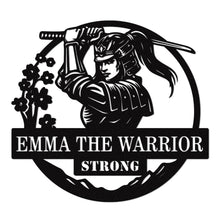 Custom warrior metal name sign featuring a samurai design with personalized text and circular steel frame wall decor