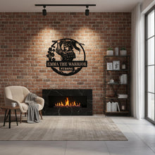 Custom warrior metal name sign featuring a samurai design with personalized text and circular steel frame wall decor