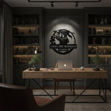 Custom warrior metal name sign featuring a samurai design with personalized text and circular steel frame wall decor