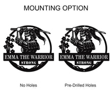 Custom warrior metal name sign featuring a samurai design with personalized text and circular steel frame wall decor