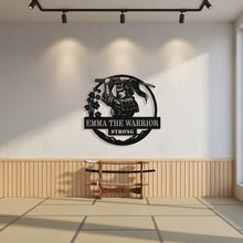 Custom warrior metal name sign featuring a samurai design with personalized text and circular steel frame wall decor