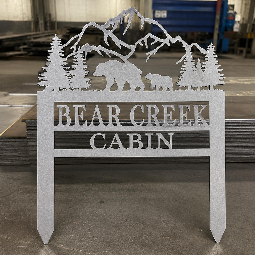 Freshly sandblasted weathering steel custom yard sign with a matte gray finish before natural rust patina develops.