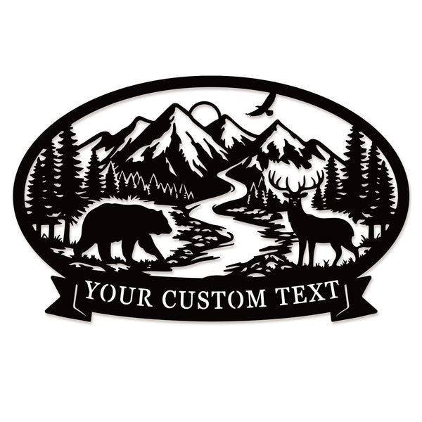 Wildlife mountain custom metal sign with bear deer river forest and personalized text banner for rustic cabin or lodge wall decor